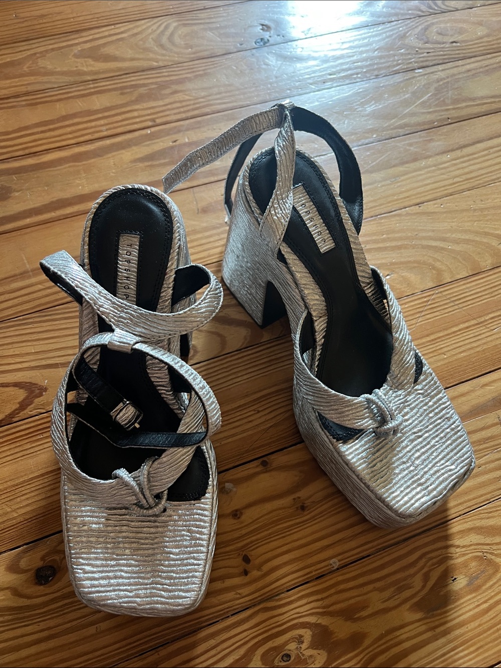 Topshop Silver Textured Slingback Block Heels